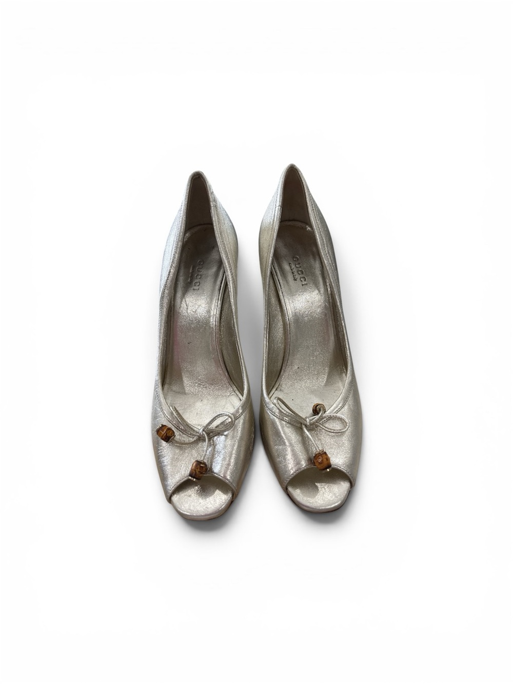 Gucci Metallic Silver Peep-Toe Heels with Bow Detail
